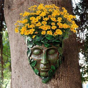 Tree Face Decor Flower Planter Pot Hand-Painted Resin Green Man Tree Hugger